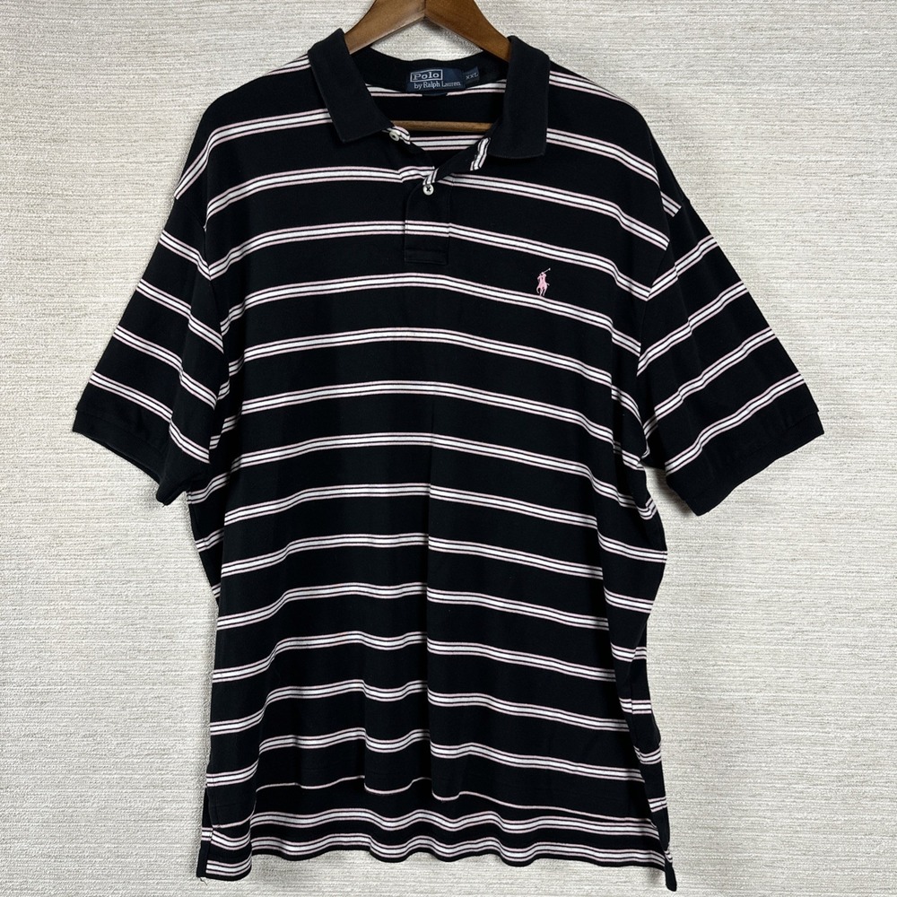 Polo Ralph Lauren Mens XXL Black Pink Striped Polo Shirt Classic Fit Cotton Tall